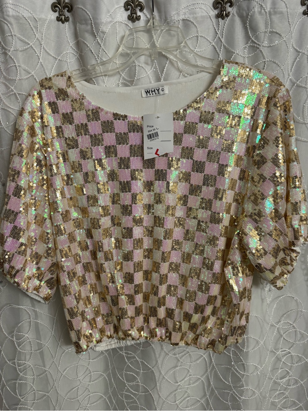 WHY Pink & Gold Sequin Check Cropped Top